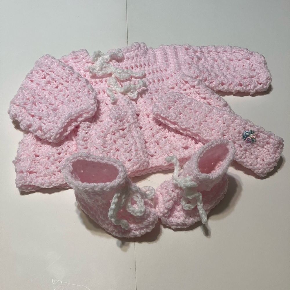 Handcrafted Pink Crochet Sweater Baby Set
